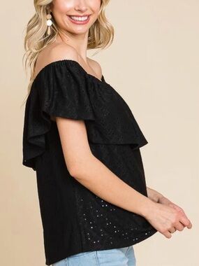 Free Kisses Black Off-Shoulder Eyelet Ruffle Blouse